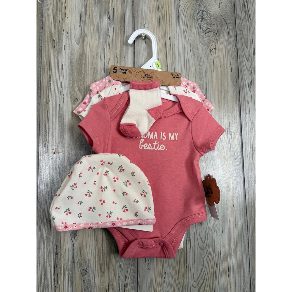 Baby Essentials 5 Piece Bodysuit Set Grandma Is My Bestie Pink Floral 3M NWT